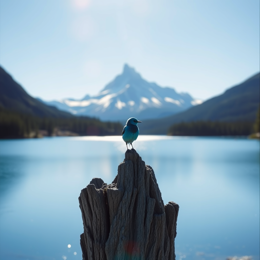 a blue theme landscape featuring a blue bird, a mountain, and a lake under clear skies